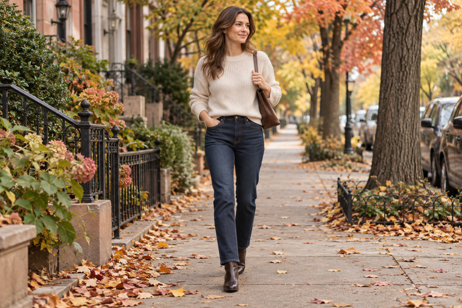 Woman in straight-leg dark denim and a cream sweater walking along a tree-lined neighborhood sidewalk