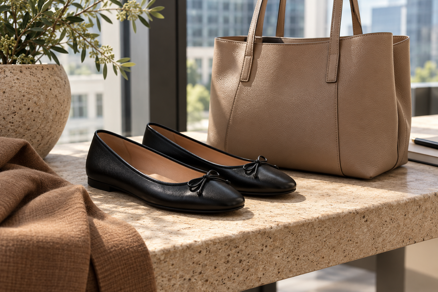 Black leather ballet flats and a structured tan tote on a sunlit stone tabletop