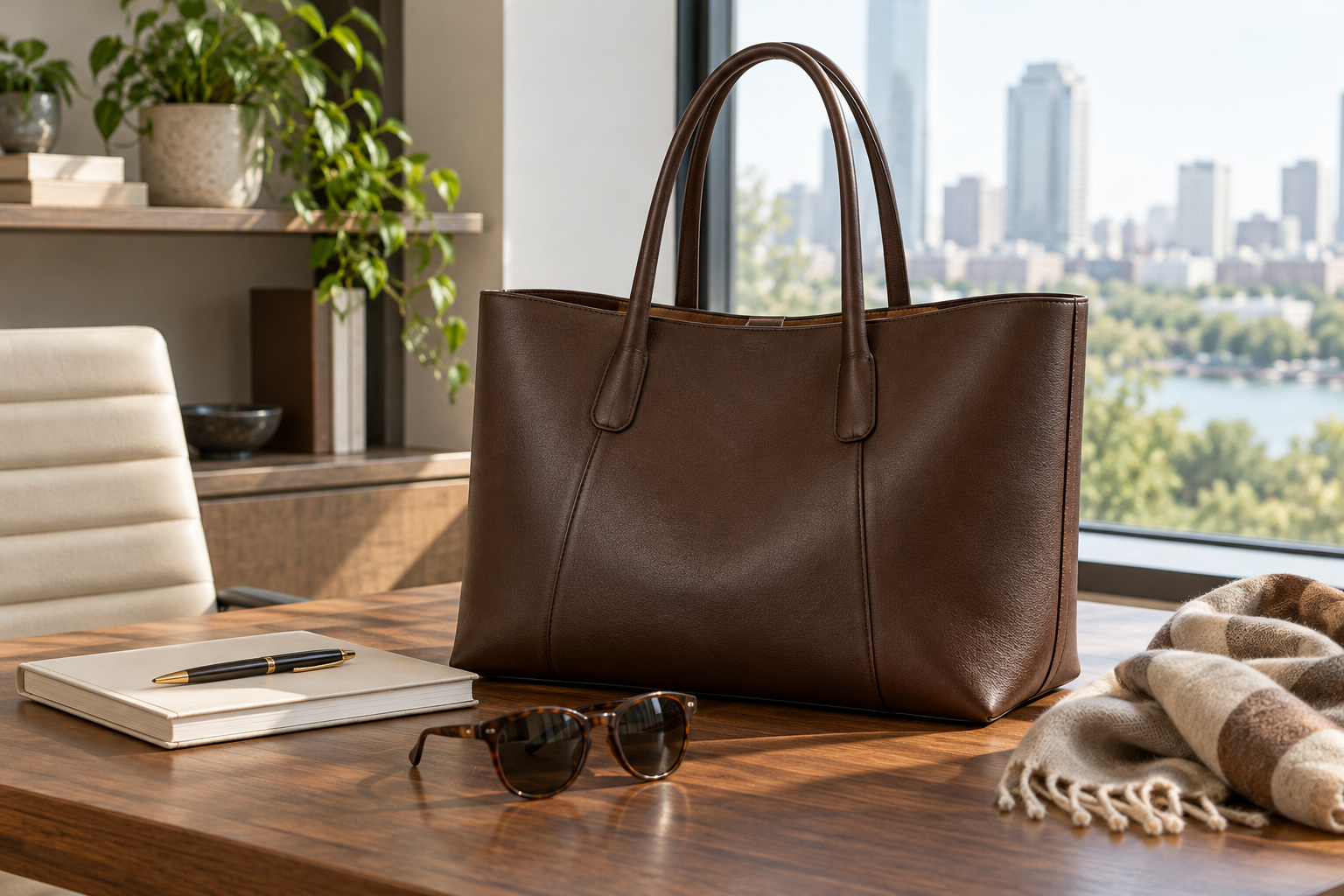 Structured dark brown tote on a desk beside a notebook and sunglasses